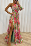 Floral Print One Shoulder Long Sleeve Slim Fit High Slit Vacation Maxi Dress