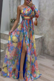 Floral Print One Shoulder Long Sleeve Slim Fit High Slit Vacation Maxi Dress