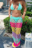 Rainbow Color Sexy Fishnet Cover Ups Bikini Tops Maxi Skirt 3pcs Matching Sets