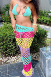 Rainbow Color Sexy Fishnet Cover Ups Bikini Tops Maxi Skirt 3pcs Matching Sets