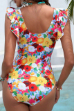Floral Print Deep V Neck Ruffled Sleeve One Piece Swimwears With Paddings