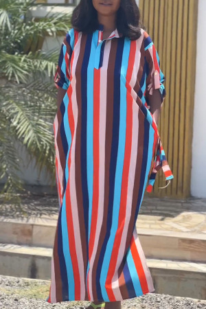 Casual Street Daily Simplicity Mixed Printing Striped Slit Printing Contrast Shirt Collar Dresses