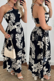 Plus Size Sexy Casual Print Bandage Backless Halter Long Dresses