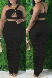 Sexy Solid Hollowed Out Backless Fold Oblique Collar Plus Size Two Pieces