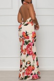 Sexy Print Hollowed Out Backless Slit Halter Long Dresses