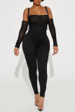 Sexy Solid Patchwork See-through Backless Spaghetti Strap Long Sleeve Two Pieces (With Sleeves)