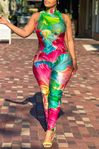 Sexy Casual Street Daily Vacation Mixed Printing Printing Contrast Halter Skinny Jumpsuits