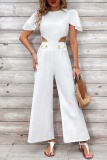 Casual Solid Hollowed Out Patchwork O Neck Regular Jumpsuits