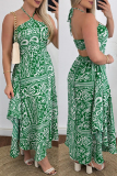Plus Size Sexy Casual Print Bandage Backless Halter Long Dresses