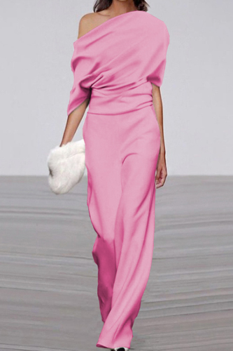 Casual Solid Patchwork Oblique Collar Regular Jumpsuits