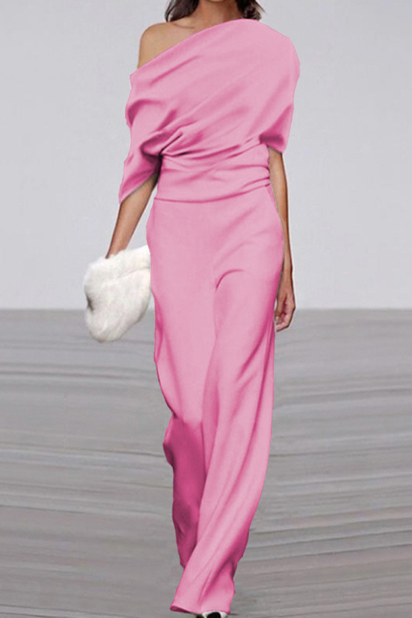 Casual Solid Patchwork Oblique Collar Regular Jumpsuits