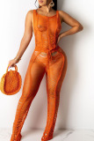 Tangerine Red Sexy Solid Hollowed Out Patchwork See-through O Neck Straight Jumpsuits