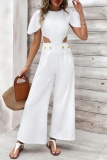 Casual Solid Hollowed Out Patchwork O Neck Regular Jumpsuits
