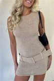 Casual Solid With Belt O Neck Sleeveless Dresses
