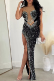 Sexy Street Party Elegant Formal Patchwork See-through Beading Hot Drill O Neck Asymmetrical Dresses