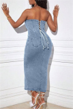 Sexy Casual Solid Patchwork Backless Slit Strapless Sleeveless Skinny Denim Dresses