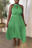 Casual Solid Hollowed Out Pleated O Neck Sleeveless Dresses