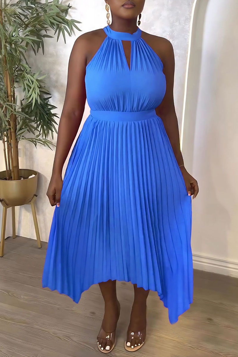 Wholesale Casual Solid Hollowed Out Pleated O Neck Sleeveless Dresses ...