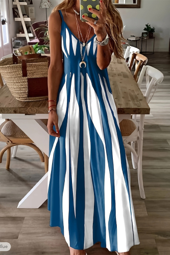 Casual Striped Print Contrast V Neck Sling Dresses