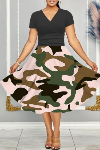Casual Print Patchwork V Neck Short Sleeve Short Sleeve Dress