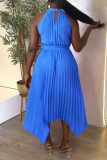Casual Solid Hollowed Out Pleated O Neck Sleeveless Dresses