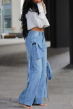 Casual Solid Bandage High Waist Straight Denim Jeans