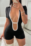 Sexy Casual Patchwork Bandage Hollowed Out Backless Contrast Turndown Collar Skinny Rompers