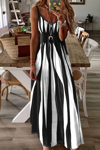 Casual Striped Print Contrast V Neck Sling Dresses