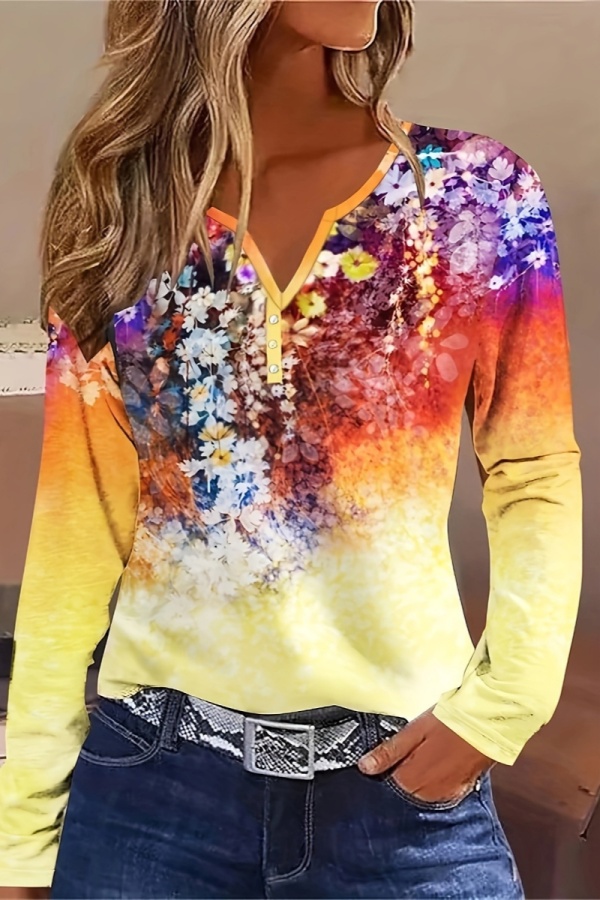 Casual Print Patchwork V Neck Tops
