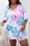 Casual Print Basic V Neck Plus Size Two Pieces