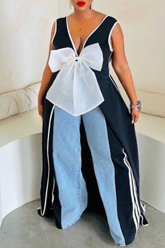 Casual Patchwork Slit With Bow V Neck Long Dresses