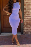 Light Blue Sexy Tank Sleeveless O neck Pencil Dress Ankle-Length Solid Dresses