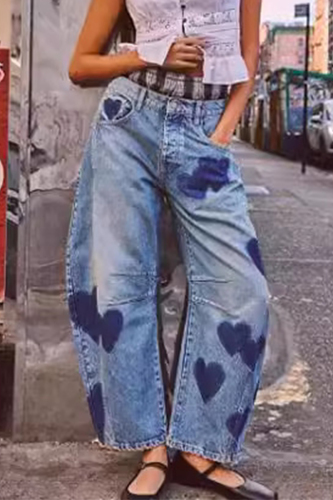 Casual Street Print Heart Shaped Pocket Mid Waist Loose Denim Jeans
