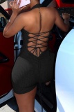 Sexy Casual Solid Backless Cross Straps Halter Skinny Rompers