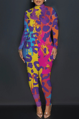 Casual Print Basic Turtleneck Skinny Jumpsuits