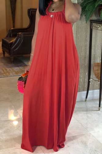 Sweet Solid Patchwork Halter Long Plus Size Dresses
