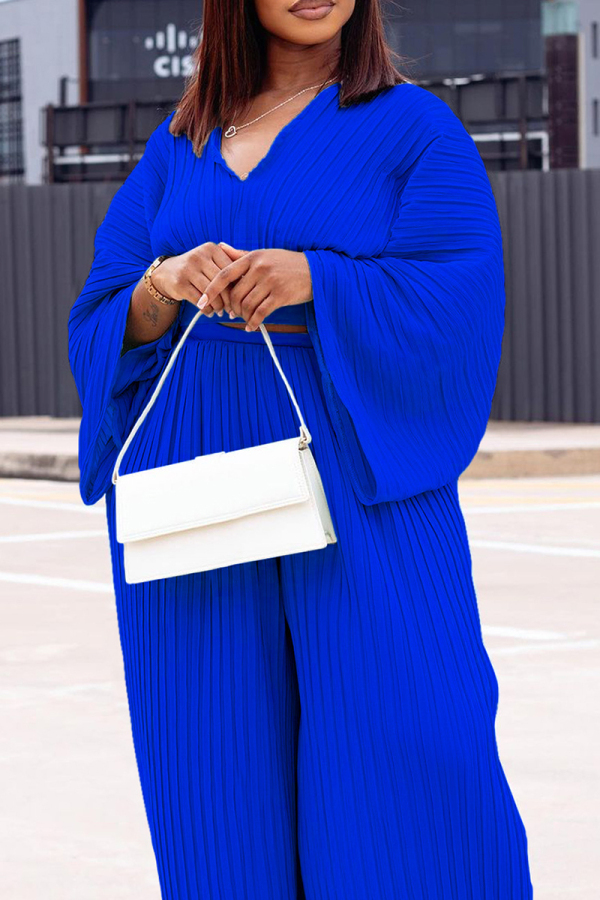 Elegant Solid Patchwork Pleated V Neck Long Sleeve Two Pieces