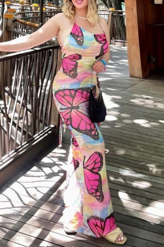 Sexy Casual Print Bandage Backless Spaghetti Strap Long Dresses