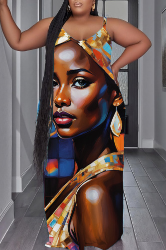 Sexy Casual Print Backless Spaghetti Strap Long Plus Size Dresses