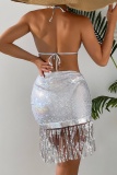 Sexy Solid Tassel Sequins Patchwork Frenulum Backless Swimsuit Three Piece Set (With Paddings)