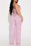 Sexy Casual Patchwork Sequins Backless Strapless Skinny Jumpsuits