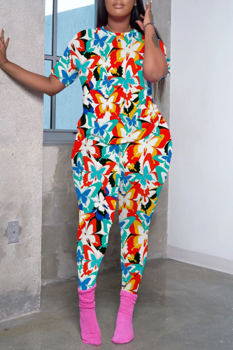 Casual Print Basic O Neck Short Sleeve Two Pieces