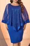 Casual Patchwork Sequins See-through O Neck Wrapped Skirt Plus Size Dresses