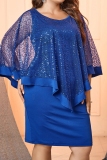 Casual Patchwork Sequins See-through O Neck Wrapped Skirt Plus Size Dresses