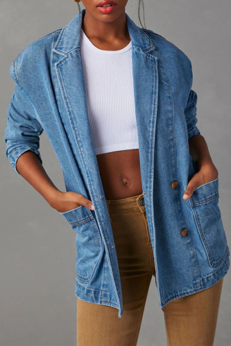 Casual Simplicity Solid Pocket Buttons Turn-back Collar Long Sleeve Loose Denim Jacket