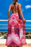 Colorblock Sleeveless Backless Crop Bra and Maxi Skirs Vacation Beach High Slit Swimsuit