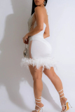 Sexy Solid Sequins Patchwork See-through Feathers Mesh Halter Wrapped Skirt Dresses