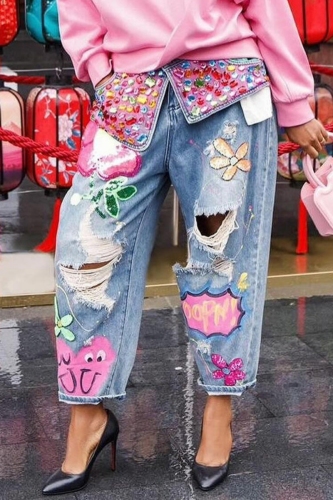 Casual Patchwork Print Rhinestone Ripped High Waist Regular Denim Jeans (Subject To The Actual Object)