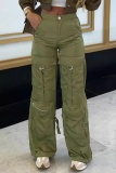 Casual Solid Patchwork Pocket Straight High Waist Straight Solid Color Trousers