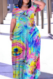 Rainbbow  Multicolor Casual Round Neck Long Maxi T-shirt Dresses Plus Size